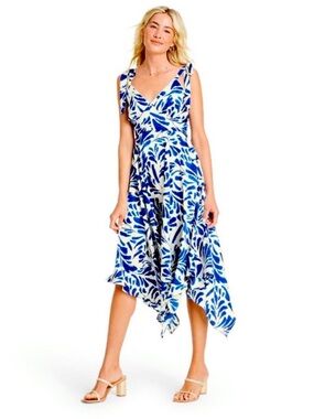 Target Alexis Barbara Blue and White Leaf-Print Handkerchief-Hem Dresse